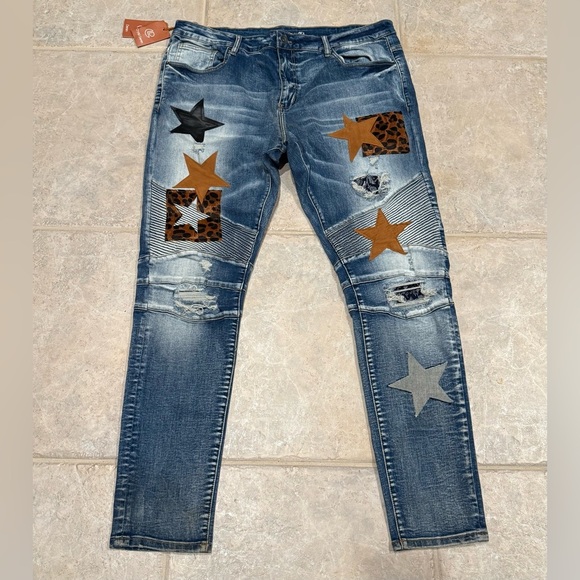 Crysp Denim Skywalker Jeans NWT Men’s Distressed Patchwork Star Moto Skinny $100 - Picture 3 of 7